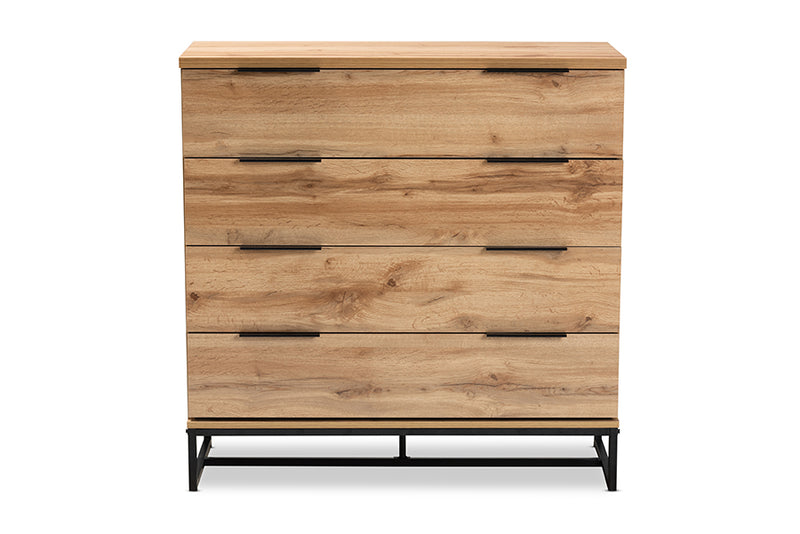 Edel Modern and Contemporary Industrial Oak Finished Wood and Black Metal 4-Drawer Dresser