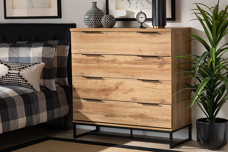 Edel Modern and Contemporary Industrial Oak Finished Wood and Black Metal 4-Drawer Dresser