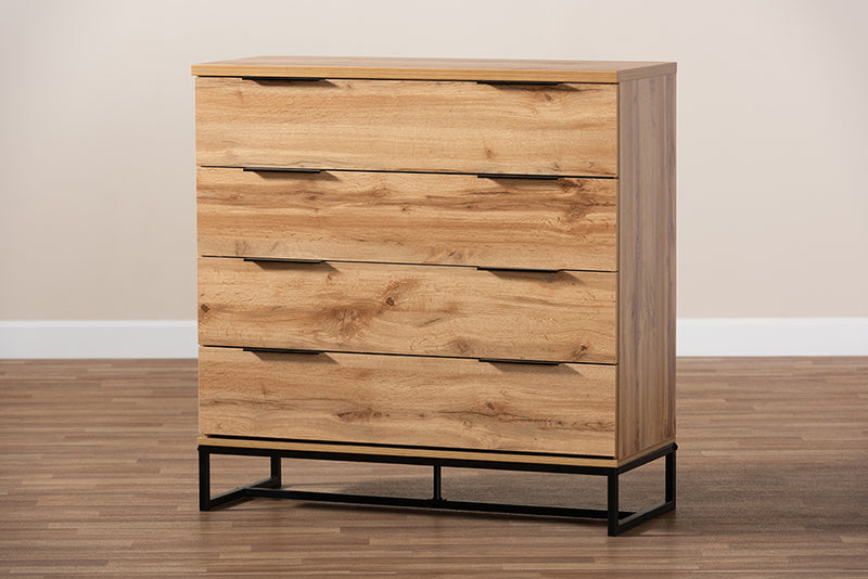 Edel Modern and Contemporary Industrial Oak Finished Wood and Black Metal 4-Drawer Dresser