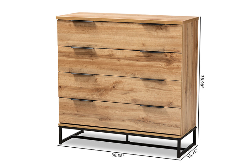 Edel Modern and Contemporary Industrial Oak Finished Wood and Black Metal 4-Drawer Dresser