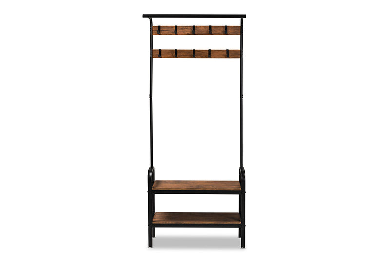 Hachiro Distressed Wood and Black Metal Finished Entryway Hall Tree Baxton