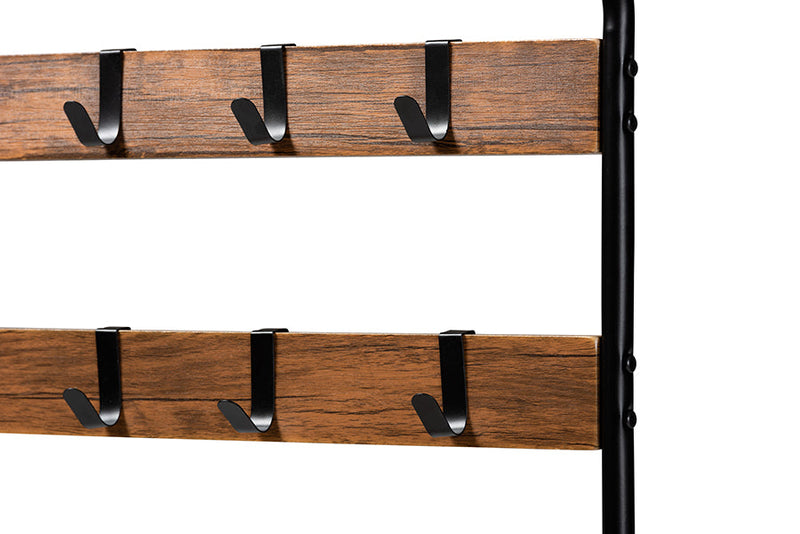 Hachiro Distressed Wood and Black Metal Finished Entryway Hall Tree Baxton