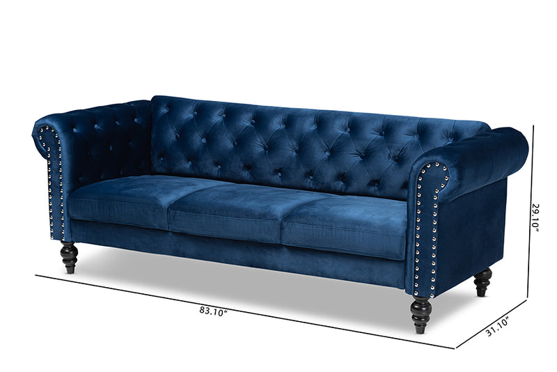 Andor Traditional and Transitional Navy Blue Velvet Fabric Upholstered and Button Tufted Chesterfield Sofa