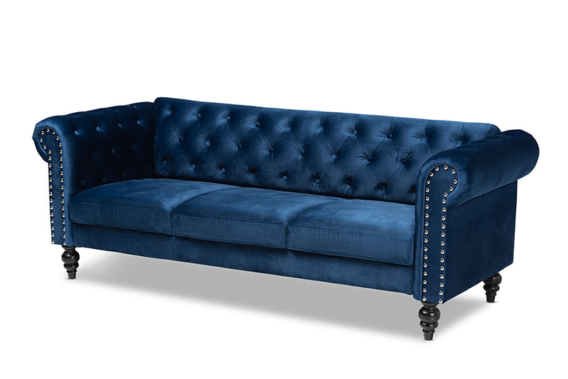 Andor Traditional and Transitional Navy Blue Velvet Fabric Upholstered and Button Tufted Chesterfield Sofa