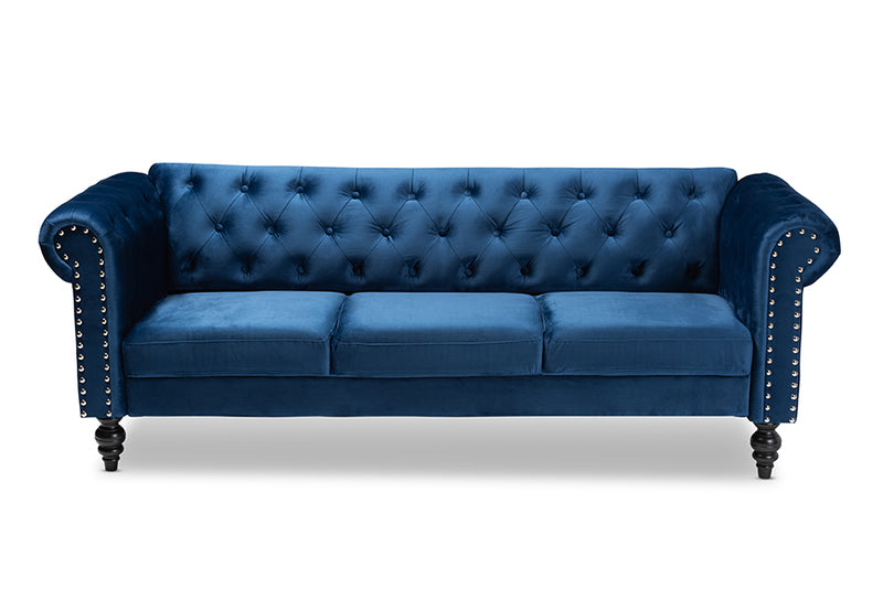 Andor Traditional and Transitional Navy Blue Velvet Fabric Upholstered and Button Tufted Chesterfield Sofa