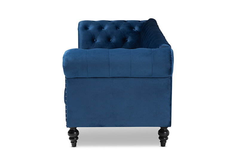 Andor Traditional and Transitional Navy Blue Velvet Fabric Upholstered and Button Tufted Chesterfield Sofa