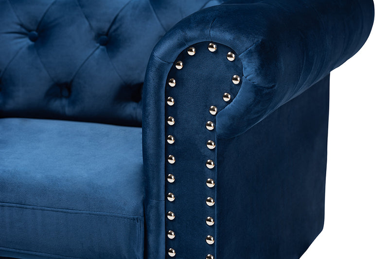 Andor Traditional and Transitional Navy Blue Velvet Fabric Upholstered and Button Tufted Chesterfield Sofa