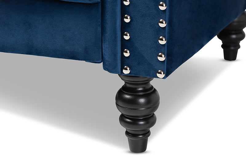 Andor Traditional and Transitional Navy Blue Velvet Fabric Upholstered and Button Tufted Chesterfield Sofa