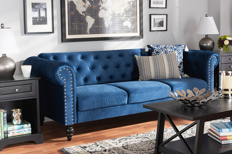 Andor Traditional and Transitional Navy Blue Velvet Fabric Upholstered and Button Tufted Chesterfield Sofa