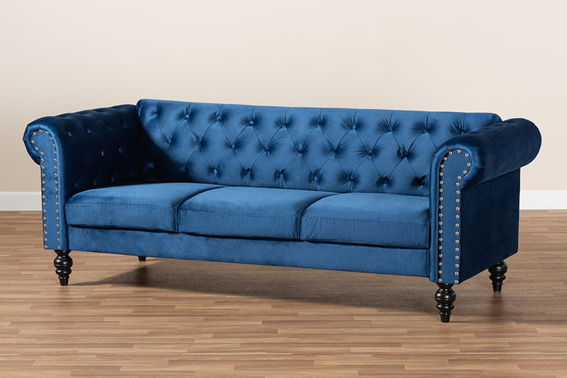 Andor Traditional and Transitional Navy Blue Velvet Fabric Upholstered and Button Tufted Chesterfield Sofa