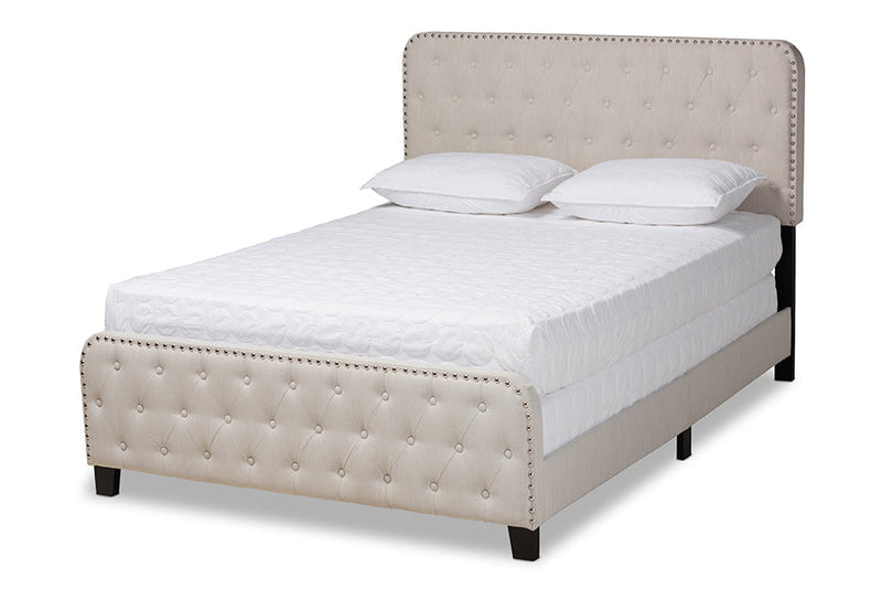 Alona Beige Fabric Upholstered Button Tufted King Size Panel Bed Baxton
