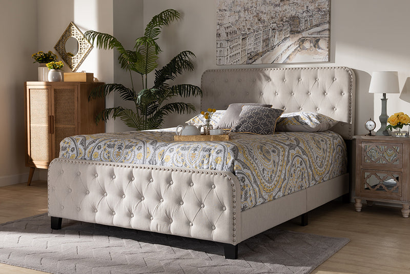 Alona Modern Transitional Beige Fabric Upholstered Button Tufted King Size Panel Bed