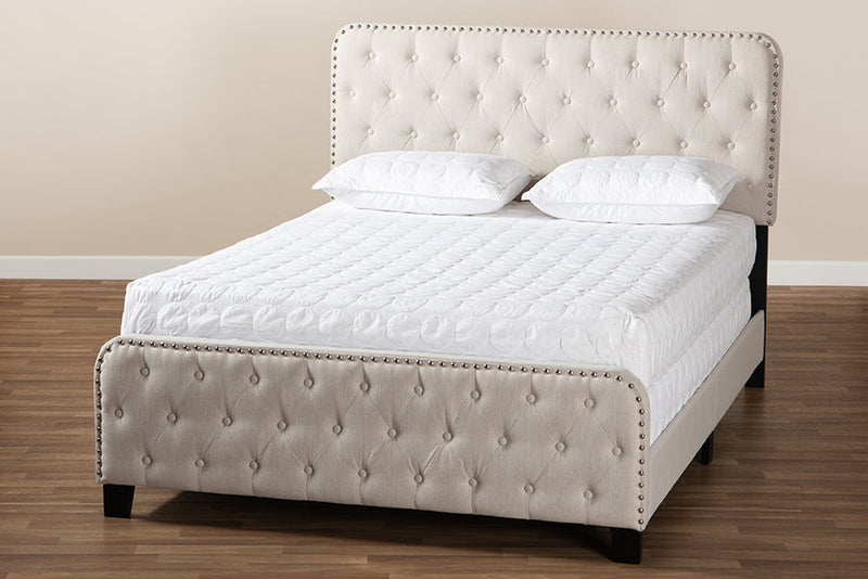 Alona Beige Fabric Upholstered Button Tufted King Size Panel Bed Baxton