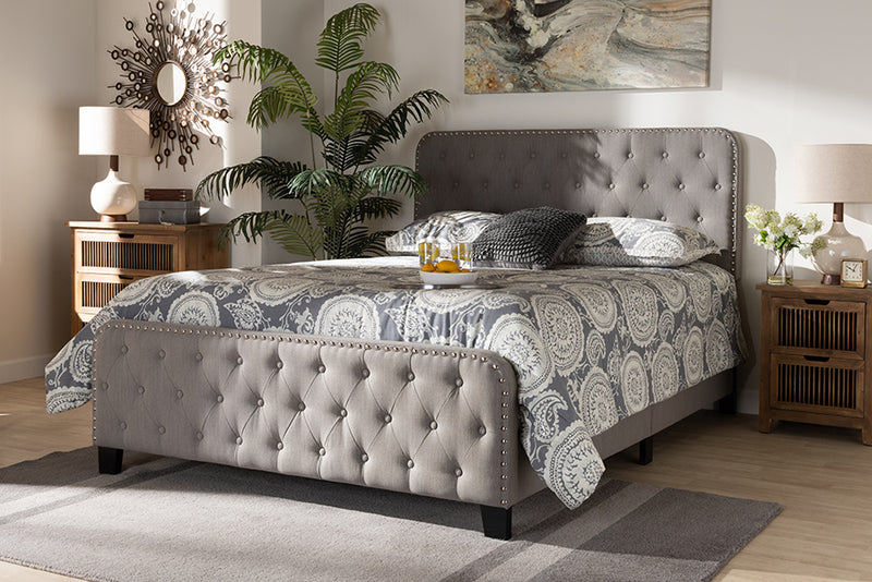 Alona Modern Transitional Gray Fabric Upholstered Button Tufted King Size Panel Bed