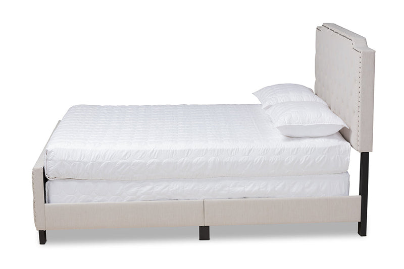 Britte Beige Fabric Upholstered Button Tufted King Size Panel Bed Baxton