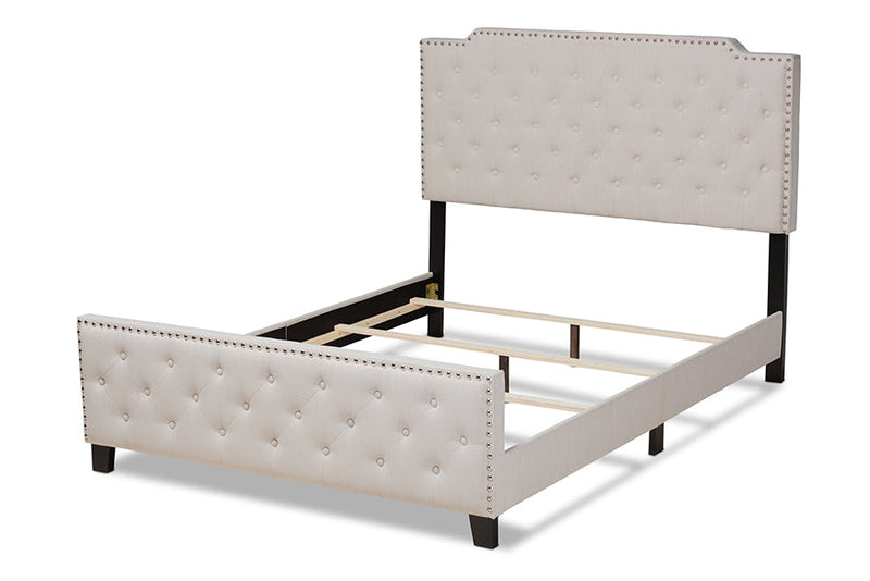 Britte Beige Fabric Upholstered Button Tufted King Size Panel Bed Baxton
