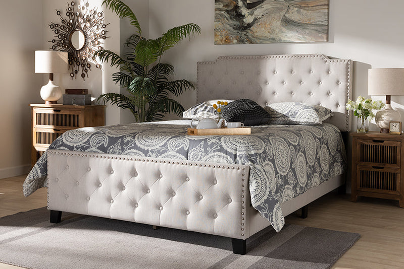 Britte Beige Fabric Upholstered Button Tufted King Size Panel Bed Baxton