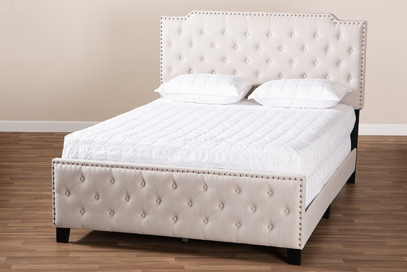Britte Beige Fabric Upholstered Button Tufted King Size Panel Bed Baxton