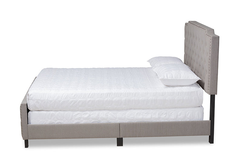 Britte Gray Fabric Upholstered Button Tufted Queen Size Panel Bed Baxton
