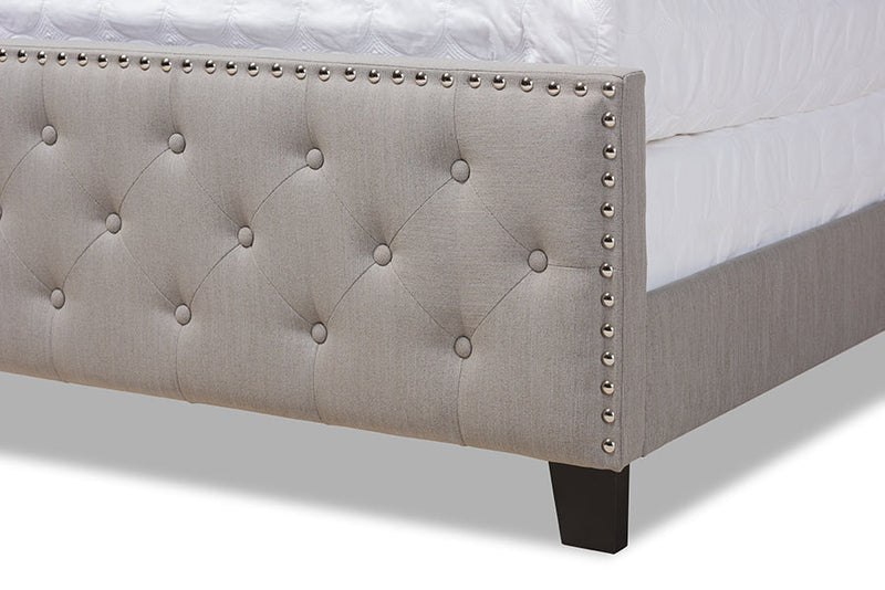 Britte Gray Fabric Upholstered Button Tufted Queen Size Panel Bed Baxton