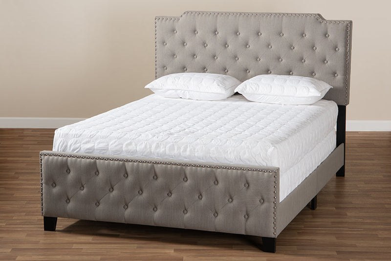 Britte Gray Fabric Upholstered Button Tufted Queen Size Panel Bed Baxton