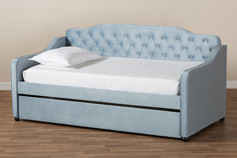 Savita Traditional and Transitional Light Blue Velvet Fabric Upholstered and Button Tufted Twin Size Daybed w/Trundle