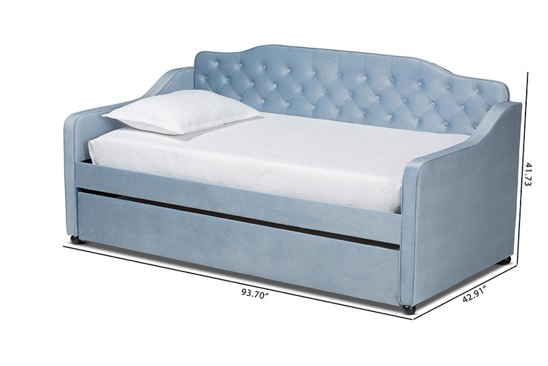 Savita Traditional and Transitional Light Blue Velvet Fabric Upholstered and Button Tufted Twin Size Daybed w/Trundle