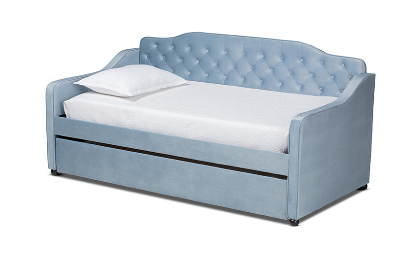 Savita Traditional and Transitional Light Blue Velvet Fabric Upholstered and Button Tufted Twin Size Daybed w/Trundle