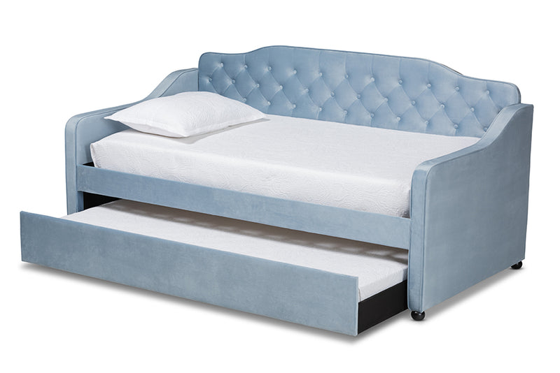 Savita Traditional and Transitional Light Blue Velvet Fabric Upholstered and Button Tufted Twin Size Daybed w/Trundle