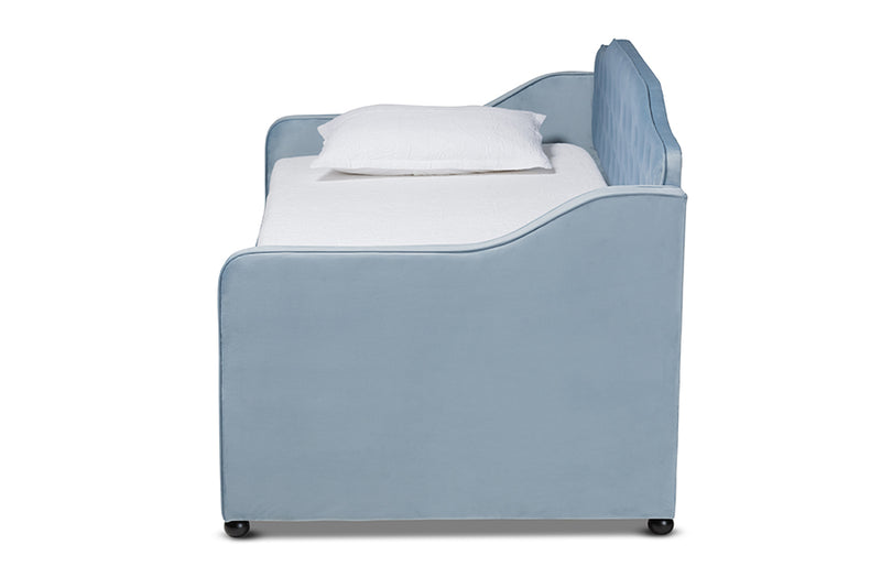 Savita Traditional and Transitional Light Blue Velvet Fabric Upholstered and Button Tufted Twin Size Daybed w/Trundle