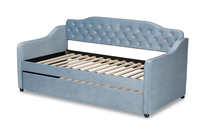 Savita Traditional and Transitional Light Blue Velvet Fabric Upholstered and Button Tufted Twin Size Daybed w/Trundle