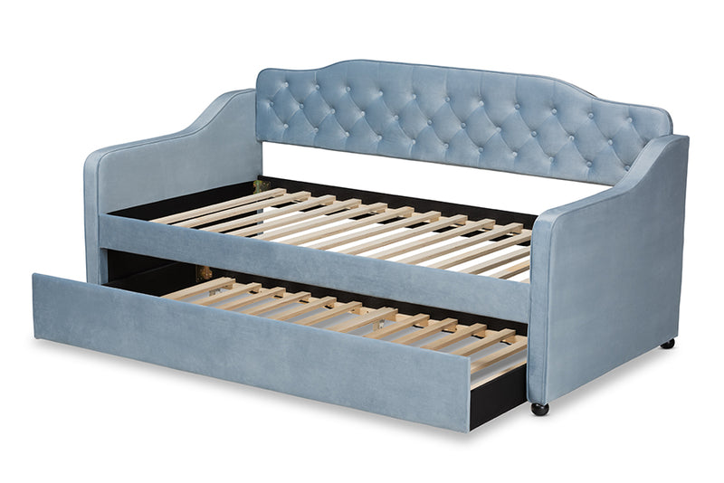 Savita Traditional and Transitional Light Blue Velvet Fabric Upholstered and Button Tufted Twin Size Daybed w/Trundle