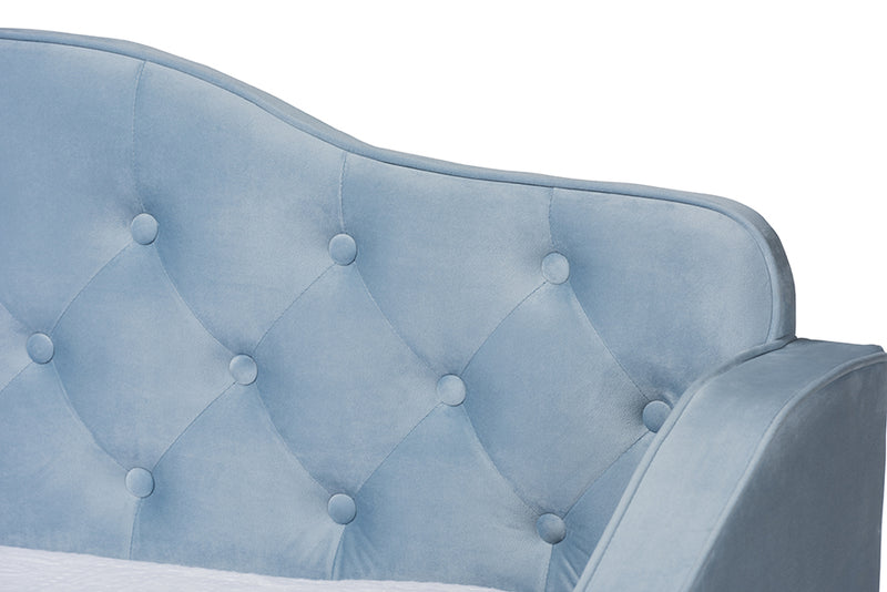 Savita Traditional and Transitional Light Blue Velvet Fabric Upholstered and Button Tufted Twin Size Daybed w/Trundle