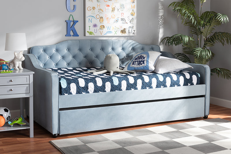 Savita Traditional and Transitional Light Blue Velvet Fabric Upholstered and Button Tufted Twin Size Daybed w/Trundle