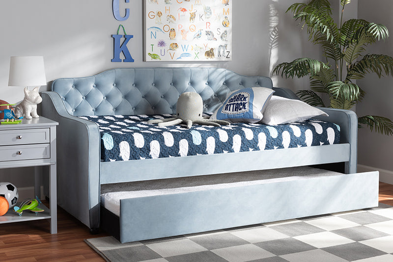 Savita Traditional and Transitional Light Blue Velvet Fabric Upholstered and Button Tufted Twin Size Daybed w/Trundle