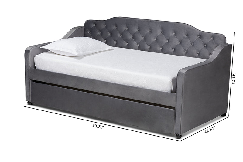 Savita Traditional and Transitional Gray Velvet Fabric Upholstered and Button Tufted Twin Size Daybed w/Trundle