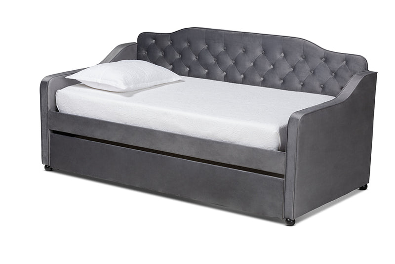 Savita Traditional and Transitional Gray Velvet Fabric Upholstered and Button Tufted Twin Size Daybed w/Trundle