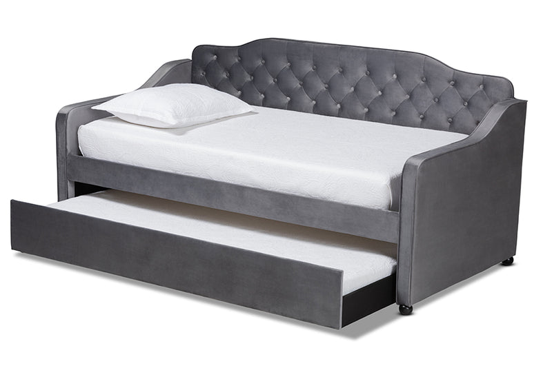 Savita Traditional and Transitional Gray Velvet Fabric Upholstered and Button Tufted Twin Size Daybed w/Trundle