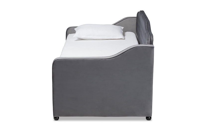 Savita Traditional and Transitional Gray Velvet Fabric Upholstered and Button Tufted Twin Size Daybed w/Trundle