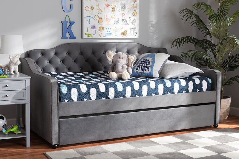 Savita Traditional and Transitional Gray Velvet Fabric Upholstered and Button Tufted Twin Size Daybed w/Trundle