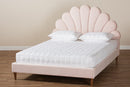 Hansel Light Pink Velvet Walnut Brown Queen Size Seashell Shaped Platform Bed Baxton