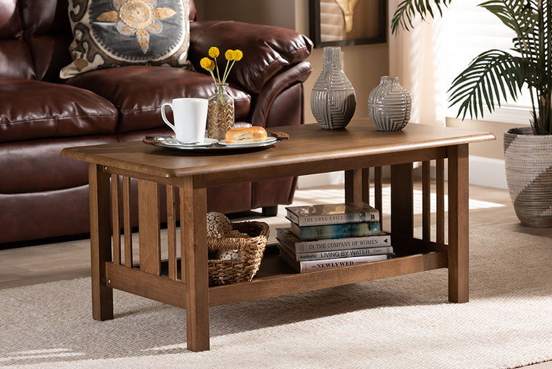 Alice Traditional Transitional Mission Style Walnut Brown Finished Rectangular Wood Coffee Table