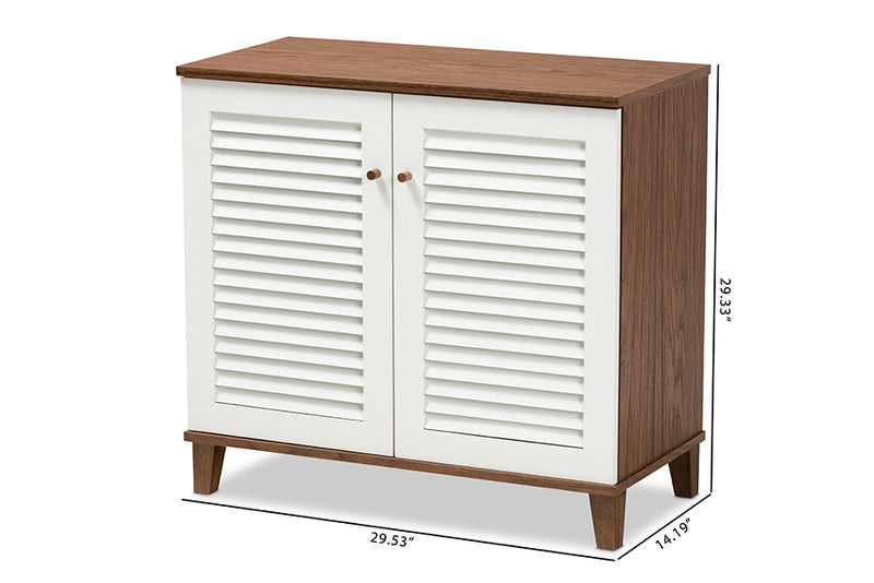 Theo Modern and Contemporary White and Walnut Finished 4-Shelf Wood Shoe Storage Cabinet