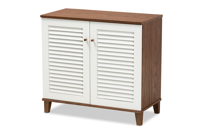 Theo Modern and Contemporary White and Walnut Finished 4-Shelf Wood Shoe Storage Cabinet