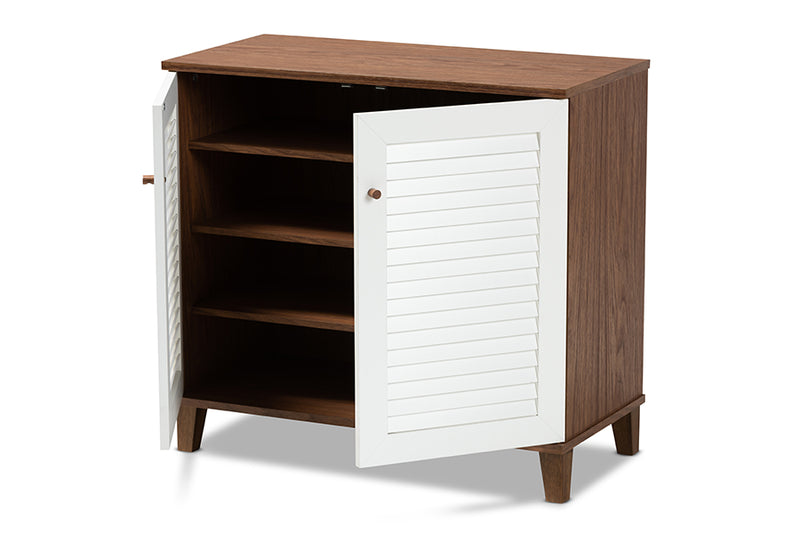 Theo Modern and Contemporary White and Walnut Finished 4-Shelf Wood Shoe Storage Cabinet