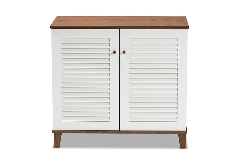 Theo Modern and Contemporary White and Walnut Finished 4-Shelf Wood Shoe Storage Cabinet