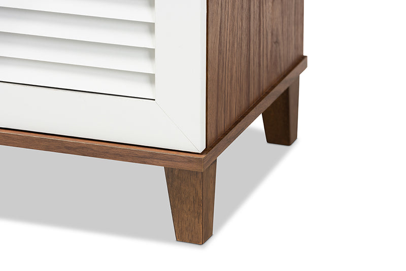 Theo Modern and Contemporary White and Walnut Finished 4-Shelf Wood Shoe Storage Cabinet