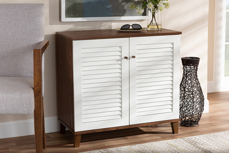 Theo Modern and Contemporary White and Walnut Finished 4-Shelf Wood Shoe Storage Cabinet