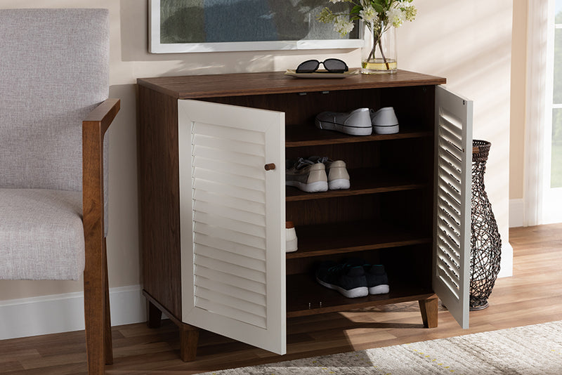 Theo Modern and Contemporary White and Walnut Finished 4-Shelf Wood Shoe Storage Cabinet