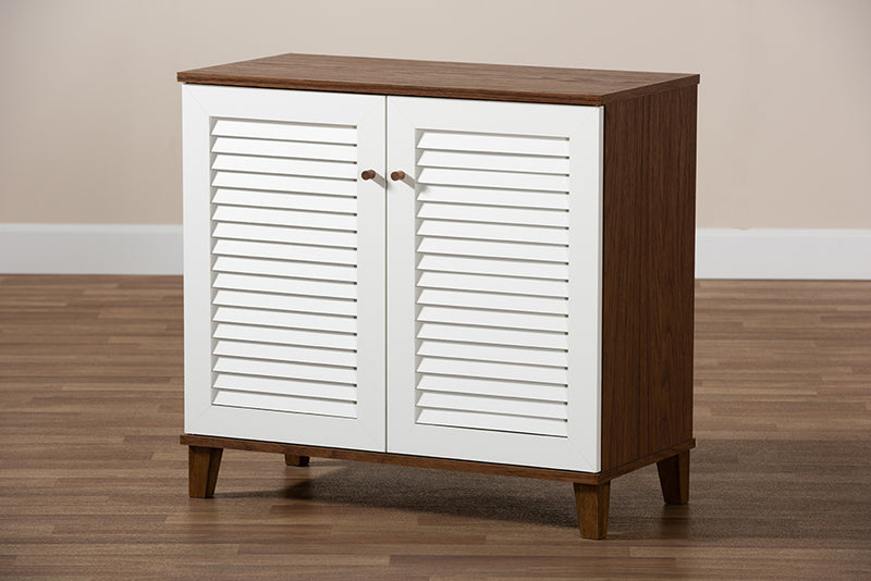 Theo Modern and Contemporary White and Walnut Finished 4-Shelf Wood Shoe Storage Cabinet